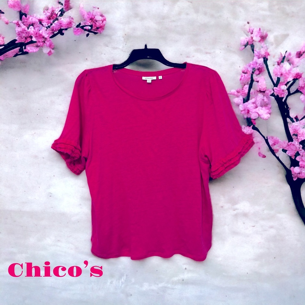 Chico’s Pink Linen Fringe Sleeve Tee, Size 3 (16-18), Fringe Hem on Sleeves - Picture 2 of 6